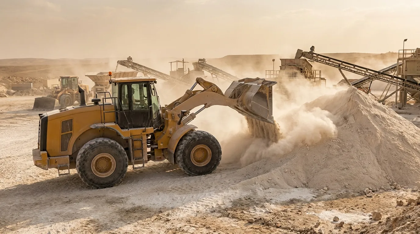 Pala cargadora moviendo mineral de baritina en la planta de ALTRA en Añelo, Neuquén